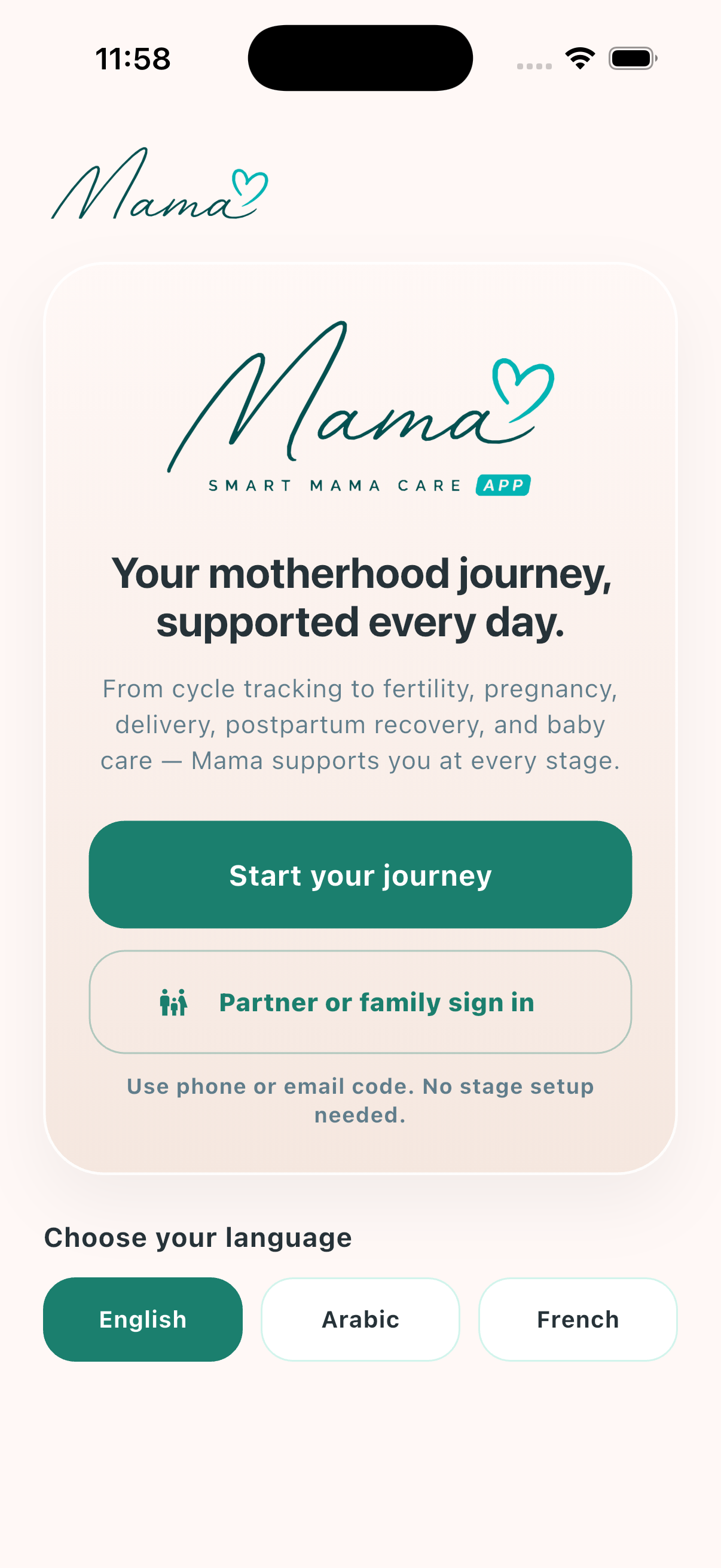 Mama pre-home screen with partner or family sign-in button