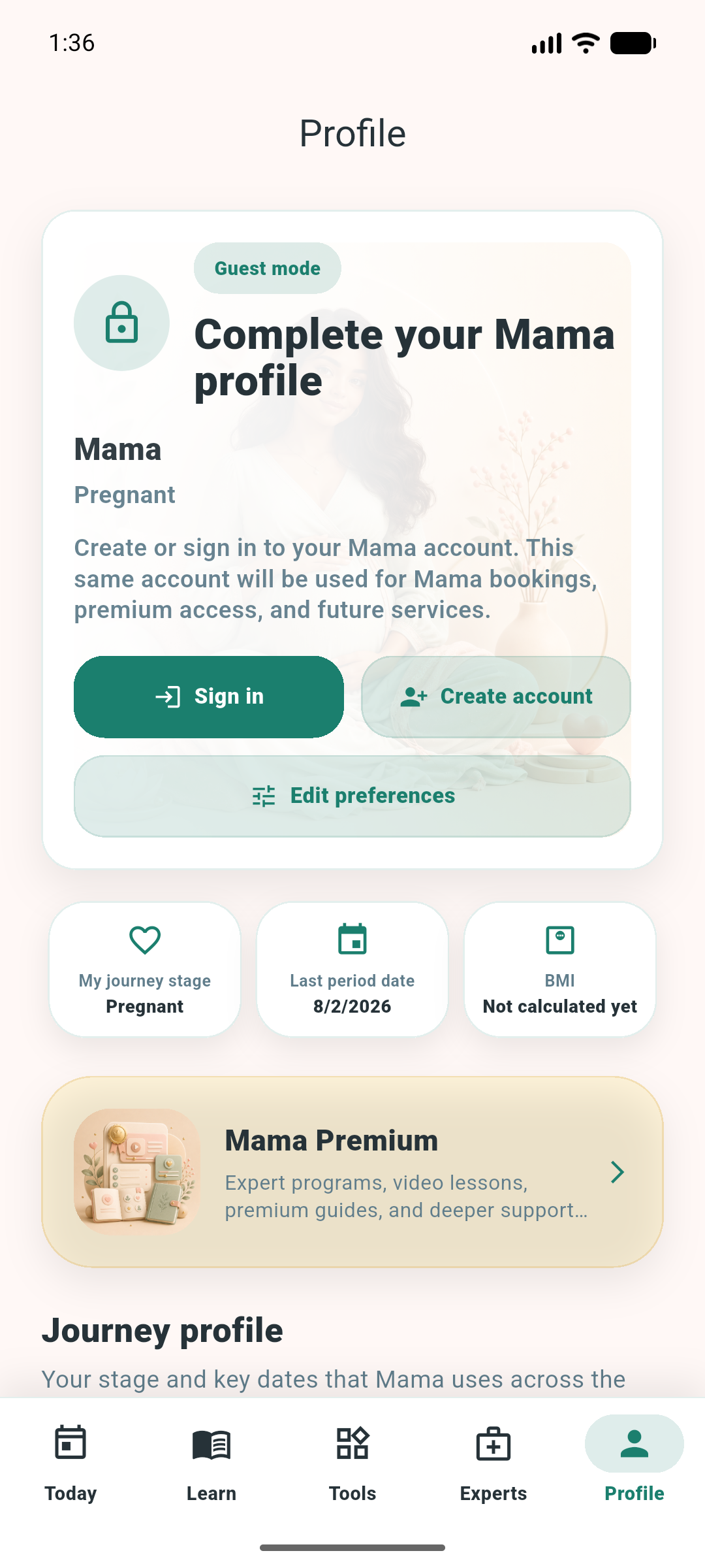 Mama Profile screen