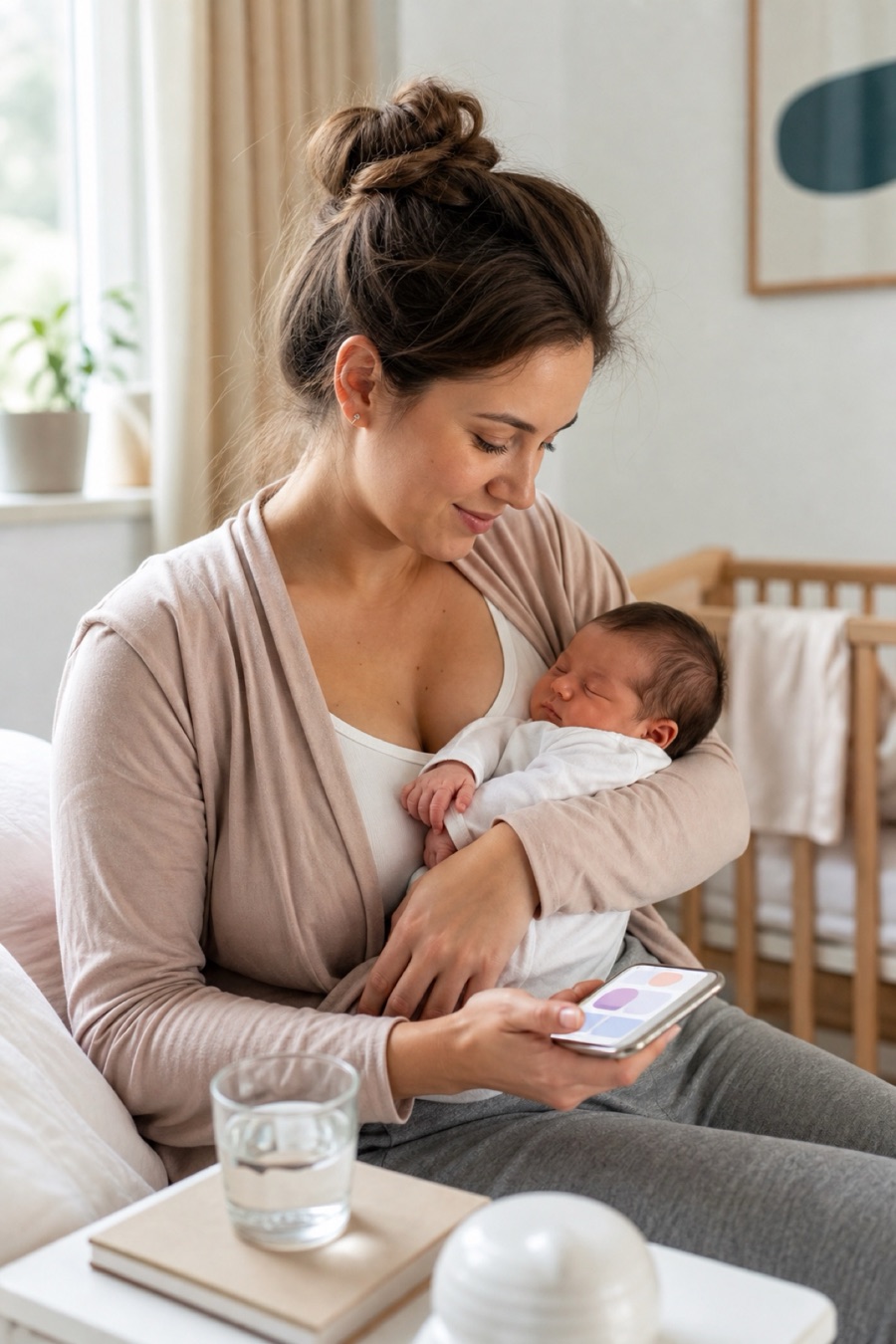 Mother holding her newborn while using a baby care app
