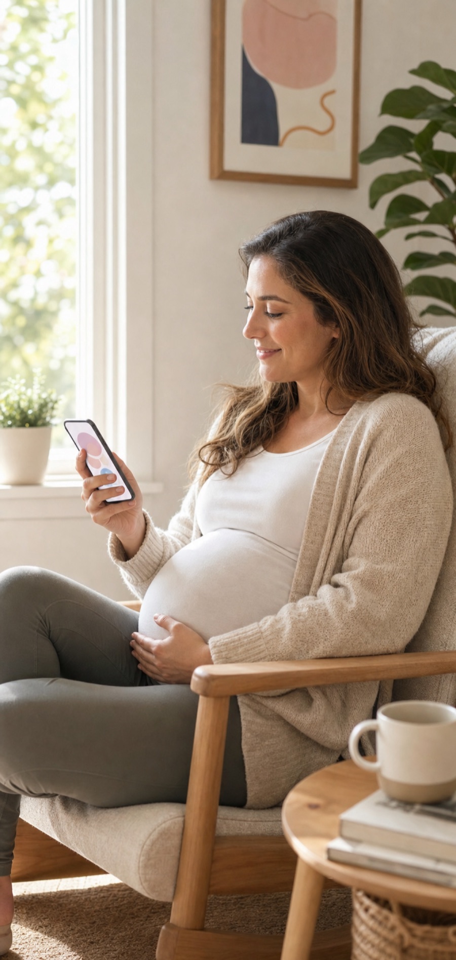 Pregnant woman reviewing pregnancy guidance on her phone